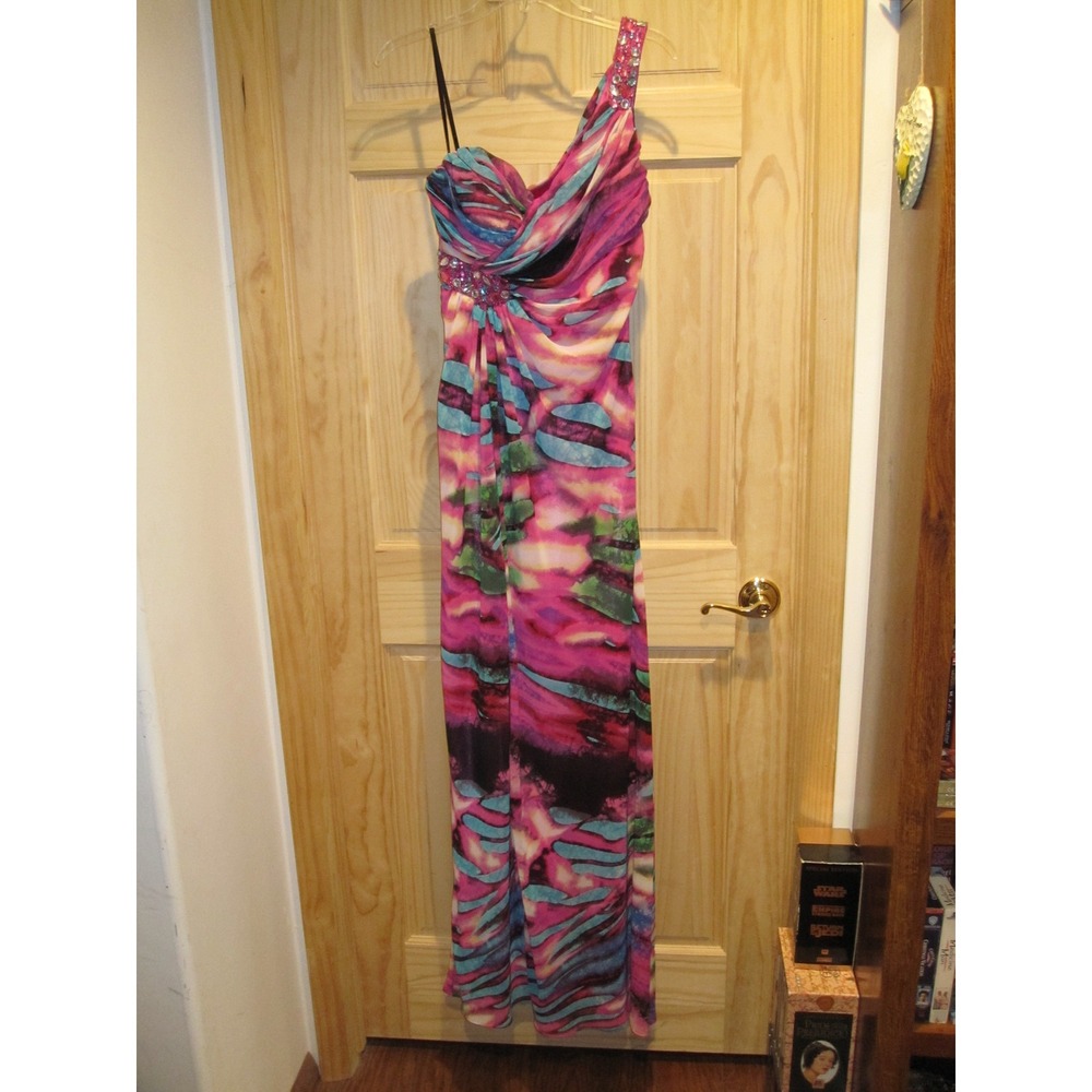 NEW deb Long One Shoulder Formal Dress Slit Beaded sz 5/6 Pink Blue Low Cut Back